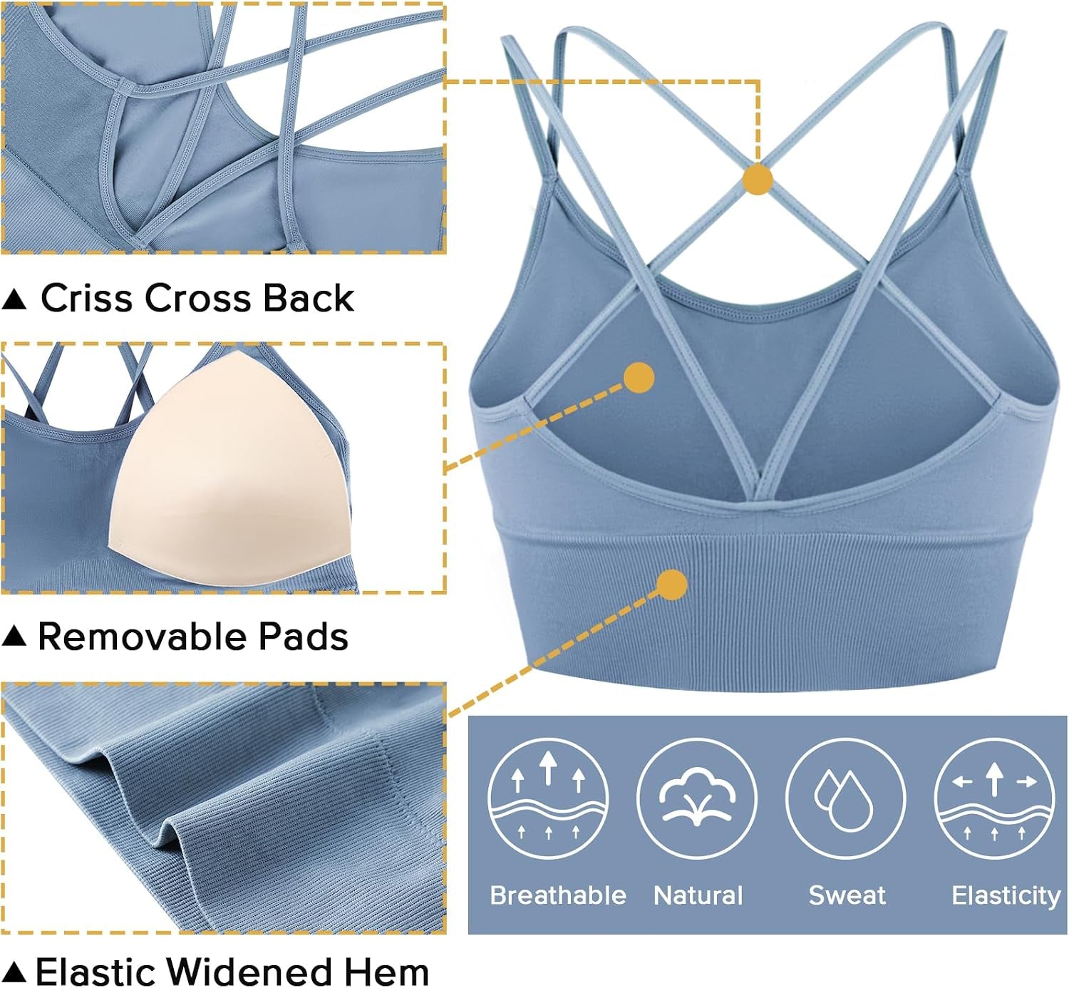 3-Pack Women's Strappy Sports Bra with Crisscross Design for Yoga, Running, and Athletic Workouts